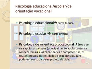 Psicologia educacional/escolar/de
orientação vocacional
 Psicologia educacionalparte teórica
 Psicologia escolar  parte prática
 Psicologia de orientação vocacionalárea que
visa apoiar as pessoas (principalmente adolescentes) a
conhecerem as suas capacidades e competências, os
seus interesses, necessidades e expectativas, para
poderem construir o seu projeto de vida.
 