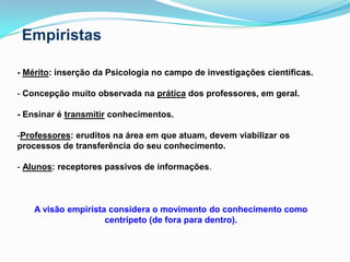 Empiristas- Mérito: inserção da Psicologia no campo de investigações científicas.- Concepção muito observada na prática dos professores, em geral.- Ensinar é transmitir conhecimentos.Professores: eruditos na área em que atuam, devem viabilizar os processos de transferência do seu conhecimento.- Alunos: receptores passivos de informações.A visão empirista considera o movimento do conhecimento como centrípeto (de fora para dentro).
