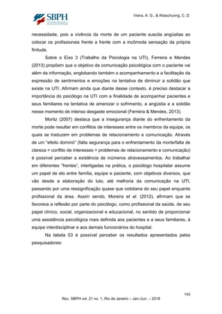 Vieira, A. G., & Waischunng, C. D.
necessidade, pois a vivência da morte de um paciente suscita angústias ao
colocar os profissionais frente a frente com a incômoda sensação da própria
finitude.
Sobre o Eixo 3 (Trabalho da Psicologia na UTI), Ferreira e Mendes
(2013) propõem que o objetivo da comunicação psicológica com o paciente vai
além da informação, englobando também o acompanhamento e a facilitação da
expressão de sentimentos e emoções na tentativa de diminuir a solidão que
existe na UTI. Afirmam ainda que diante desse contexto, é preciso destacar a
importância do psicólogo na UTI com a finalidade de acompanhar pacientes e
seus familiares na tentativa de amenizar o sofrimento, a angústia e a solidão
nesse momento de intenso desgaste emocional (Ferreira & Mendes, 2013).
Moritz (2007) destaca que a insegurança diante do enfrentamento da
morte pode resultar em conflitos de interesses entre os membros da equipe, os
quais se traduzem em problemas de relacionamento e comunicação. Através
de um “efeito dominó” (falta segurança para o enfrentamento da morte/falta de
clareza > conflito de interesses > problemas de relacionamento e comunicação)
é possível perceber a existência de inúmeros atravessamentos. Ao trabalhar
em diferentes “frentes”, interligadas na prática, o psicólogo hospitalar assume
um papel de elo entre família, equipe e paciente, com objetivos diversos, que
vão desde a elaboração do luto, até melhoria da comunicação na UTI,
passando por uma ressignificação quase que cotidiana do seu papel enquanto
profissional da área. Assim sendo, Moreira et al. (2012), afirmam que se
favorece a reflexão por parte do psicólogo, como profissional da saúde, de seu
papel clínico, social, organizacional e educacional, no sentido de proporcionar
uma assistência psicológica mais definida aos pacientes e a seus familiares, à
equipe interdisciplinar e aos demais funcionários do hospital.
Na tabela 03 é possível perceber os resultados apresentados pelos
pesquisadores:
143
Rev. SBPH vol. 21 no. 1, Rio de Janeiro – Jan./Jun. – 2018
 