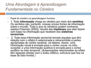 Uma Abordagem à Aprendizagem
Fundamentada no Cérebro
 Papel do cérebro na aprendizagem humana
 1. Toda informação chega ao cérebro por meio dos sentidos.
Os sentidos são, portanto, nossas únicas fontes de informação
sobre o mundo. Tudo o que os cérebros podem conhecer,
explica Freeman (2003), resulta das hipóteses que eles fazem
com base na informação que recebem dos sistemas
sensoriais.
 2. Toda essa informação sensorial (exceto aquelas que têm
relação com o olfato) é selecionada e retransmitida a partes
apropriadas do córtex cerebral, via tálamo. Assim, uma
informação visual é enviada para o córtex visual, no lobo
occipital, e uma informação auditiva é enviada para o córtex
auditivo no lobo temporal. (Assensações relacionadas ao olfato
têm ligações diretas com o bulbo olfativo, estrutura que fica na
base do lobo frontal.)
 