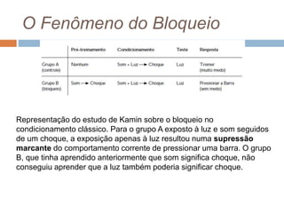 O Fenômeno do Bloqueio
Representação do estudo de Kamin sobre o bloqueio no
condicionamento clássico. Para o grupo A exposto à luz e som seguidos
de um choque, a exposição apenas à luz resultou numa supressão
marcante do comportamento corrente de pressionar uma barra. O grupo
B, que tinha aprendido anteriormente que som significa choque, não
conseguiu aprender que a luz também poderia significar choque.
 