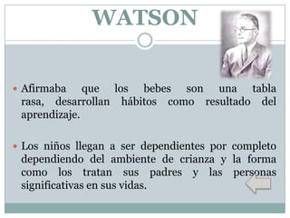 WATSON
 Afirmaba

que los bebes son una tabla
rasa, desarrollan hábitos como resultado del
aprendizaje.

 Los niños llegan a ser dependientes por completo

dependiendo del ambiente de crianza y la forma
como los tratan sus padres y las personas
significativas en sus vidas.

 