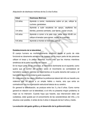 Adquisición de destrezas motrices de los 2 a los 6 años:
Edad Destrezas Motrices
2-3 años Aprende a correr, mantenerse sobre un pie, utilizar la
cuchara, garabatear.
3-4 años
Aprende a subir escaleras sin apoyo, cepillarse los
dientes, ponerse camiseta, usar tijeras, copiar círculo.
4-5 años Aprende a correr a la pata coja, saltar entre 60-80 cm,
utilizar el tenedor para comer, copiar un cuadrado.
5-6 años Aprende a montar en bicicleta, patinar
Establecimiento de la lateralidad.
El cuerpo humano es morfológicamente simétrico, desde el punto de vista
funcional es claramente asimétrico de manera que la mayor parte de las personas
utilizan el brazo y la pierna derechas mucho más que los mismos miembros
simétricos de la parte izquierda del cuerpo.
En la mayor parte de las personas, el hemisferio dominante es el izquierdo; como
quiera que el control del cerebro sobre el movimiento es contralateral (el
hemisferio izquierdo controla los movimientos en la parte derecha del cuerpo y el
hemisferio derecho controla la parte izquierda).
En cualquiera de los casos, modificar la preferencia lateral del niño es hacerle una
violencia que no afecta a un simple hábito o manía, sino que entra en
contradicción con la organización estructural básica de su cerebro.
En general la lateralización, se produce entre los 3 y los 6 años. Como norma
general en relación con la lateralidad, si el niño no presenta ningún problema, lo
mejor es no intervenir. Cuando haya que hacerlo, esa intervención debe ser
cuidadosa, estar guiada por el conocimiento de las características del niño, y no
situarse a ser posible, ni antes de los 4 años ni después de los 5 años y medio.
La evolución del gesto gráfico y el desarrollo de la grafomotricidad.
 