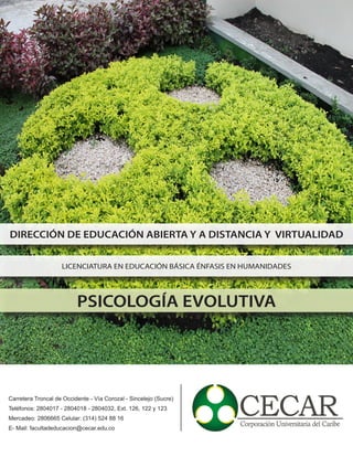DIRECCIÓN DE EDUCACIÓN ABIERTA Y A DISTANCIA Y VIRTUALIDAD
LICENCIATURA EN EDUCACIÓN BÁSICA ÉNFASIS EN HUMANIDADES
PSICOLOGÍA EVOLUTIVA
Carretera Troncal de Occidente - Vía Corozal - Sincelejo (Sucre)
Teléfonos: 2804017 - 2804018 - 2804032, Ext. 126, 122 y 123
Mercadeo: 2806665 Celular: (314) 524 88 16
E- Mail: facultadeducacion@cecar.edu.co
 