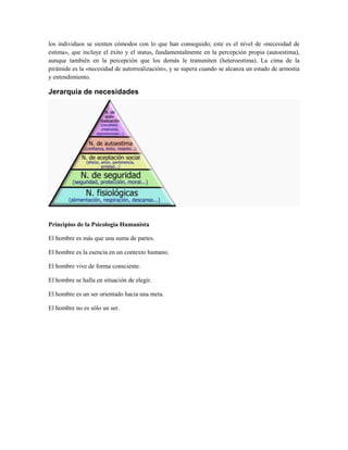 los individuos se sienten cómodos con lo que han conseguido; este es el nivel de «necesidad de
estima», que incluye el éxito y el status, fundamentalmente en la percepción propia (autoestima),
aunque también en la percepción que los demás le transmiten (heteroestima). La cima de la
pirámide es la «necesidad de autorrealización», y se supera cuando se alcanza un estado de armonía
y entendimiento.

Jerarquía de necesidades




Principios de la Psicología Humanista

El hombre es más que una suma de partes.

El hombre es la esencia en un contexto humano.

El hombre vive de forma consciente.

El hombre se halla en situación de elegir.

El hombre es un ser orientado hacia una meta.

El hombre no es sólo un ser.
 