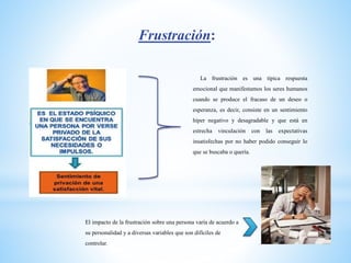 Frustración:
La frustración es una típica respuesta
emocional que manifestamos los seres humanos
cuando se produce el fracaso de un deseo o
esperanza, es decir, consiste en un sentimiento
híper negativo y desagradable y que está en
estrecha vinculación con las expectativas
insatisfechas por no haber podido conseguir lo
que se buscaba o quería.
El impacto de la frustración sobre una persona varía de acuerdo a
su personalidad y a diversas variables que son difíciles de
controlar.
 