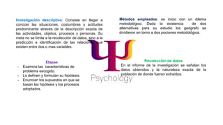 Investigación descriptiva: Consiste en llegar a
conocer las situaciones, costumbres y actitudes
predominante atreves de la descripción exacta de
las actividades, objetos, procesos y personas. Su
meta no se limita a la recolección de datos, sino a la
predicción e identificación de las relaciones que
existen entre dos o mas variables.
Etapas
- Examina las características de
problema escogido.
- Lo definen y formulan su hipótesis.
- Enuncian los supuestos en que se
basan las hipótesis y los procesos
adoptados.
Recolección de datos
En el informe de la investigación se señalan los
datos obtenidos y la naturaleza exacta de la
población de donde fueron extraídos.
Métodos empleados: se inicio con un dilema
metodológico. Dada la existencia de dos
alternativas para su estudio los geógrafo se
dividieron en torno a dos pociones metodológica.
 