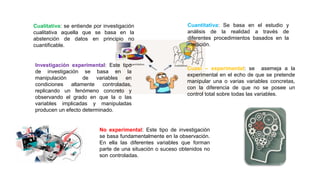 Cualitativa: se entiende por investigación
cualitativa aquella que se basa en la
abstención de datos en principio no
cuantificable.
Cuantitativa: Se basa en el estudio y
análisis de la realidad a través de
diferentes procedimientos basados en la
medición.
Investigación experimental: Este tipo
de investigación se basa en la
manipulación de variables en
condiciones altamente controladas,
replicando un fenómeno concreto y
observando el grado en que la o las
variables implicadas y manipuladas
producen un efecto determinado.
Cuasi – experimental: se asemeja a la
experimental en el echo de que se pretende
manipular una o varias variables concretas,
con la diferencia de que no se posee un
control total sobre todas las variables.
No experimental: Este tipo de investigación
se basa fundamentalmente en la observación.
En ella las diferentes variables que forman
parte de una situación o suceso obtenidos no
son controladas.
 