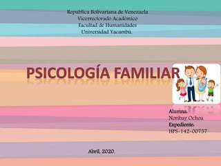 Republica Bolivariana de Venezuela
Vicerrectorado Académico
Facultad de Humanidades
Universidad Yacambú.
Alumna:
Noribay Ochoa
Expediente:
HPS-142-00757
Abril, 2020.
 