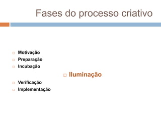 ConceitoALGUMAS TEORIAS E VISÕES DE ACORDO COM CADA AUTOR:DENVEYfruto da experiência do indivíduoKRISrecriação da realidadeFREUDresultado da tensão provocada pela percepção do desequilíbrio ou necessidadesMASLOWgênese do eu profundo ou primário, comum e universal em crianças e em muitos adultos bloqueadaGUILFORDcoleção de diferentes habilidades ou traços componentesJUNGresultado do tipo psicológico do individuoSILLANYdisposição que existe potencialmente em todos os indivíduos e em todas as idadesSEBILLERmeio para melhorar a sociedade