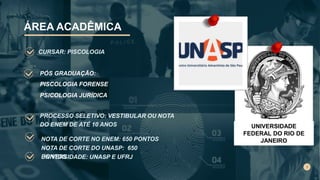 t
UNIVERSIDADE: UNASP E UFRJ
NOTA DE CORTE NO ENEM: 650 PONTOS
NOTA DE CORTE DO UNASP: 650
PONTOS
ÁREA ACADÊMICA
CURSAR: PISCOLOGIA
PROCESSO SELETIVO: VESTIBULAR OU NOTA
DO ENEM DE ATÉ 10 ANOS
PÓS GRADUAÇÃO:
PISCOLOGIA FORENSE
PSICOLOGIA JURÍDICA
UNIVERSIDADE
FEDERAL DO RIO DE
JANEIRO
 
