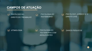 t
PSICÓLOGO JURÍDICO E O
DIREITO CIVÍL
PSICOLOGIA DO
TESTEMUNHO
CAMPOS DE ATUAÇÃO
PSICÓLOGO NO
DIREITO DO TREABALHO
DANOS PSÍQUICOS
PSICOLOGIA DO
TESTEMUNHO COM
ADOLECENTES
VITIMOLOGIA
 