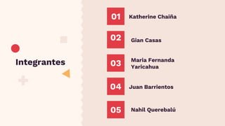 Integrantes
Katherine Chaiña01
Maria Fernanda
Yaricahua
02 Gian Casas
03
Juan Barrientos04
05 Nahil Querebalú
 