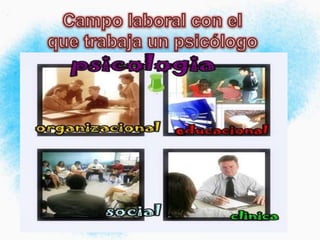 Habilidades.Campo laboral con el que trabaja un psicólogo1. Sicología Clínica: Salud mental y rehabilitación; Trabajo en organismos de atención a menores; Clínicas, hospitales y/o consultorios particulares; Evaluación diagnóstica y Entrevistas clínicas.2. Sicología Educativa: Diseño y optimización de procesos de enseñanza y Evaluación neuro-sicodiagnóstica con caos de niños con problemas escolares. 3. Sicología Industrial: Áreas de recursos humanos y/o mercadotecnia de distintas empresas; Programas de reclutamiento, selección y capacitación de personal e investigación de variables que influyen en la conducta del consumidor. 4. Sicología Social: Diseño e implementación de programas sociales y Trabajo en instituciones públicas, centros comunitarios y asociaciones civiles. Centro de Salud, Clínicas de Instituciones de Asistencia Social, Institutos de Investigación Clínica, Centros de Educación Especial, Instituciones Educativas (procesos de enseñanza-aprendizaje, orientador vocacional), Empresas (relación del individuo con su medio laboral),