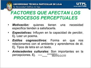 FACTORES QUE AFECTAN LOS PROCESOS PERCEPTUALES Motivación:  quienes tienen una necesidad especifica tienden a satisfacerla. Expectativas:  Influyen en la capacidad de percibir, Ej. Leer un poema. Estilos cognoscitivos : Forma en que nos relacionamos con el ambiente y aprendemos de él. Ej. Tipos de letra en un texto. Antecedentes culturales : Son importantes en la percepciones. Ej.  ----___****[[[}}}¿¿¿¡¡¡ 