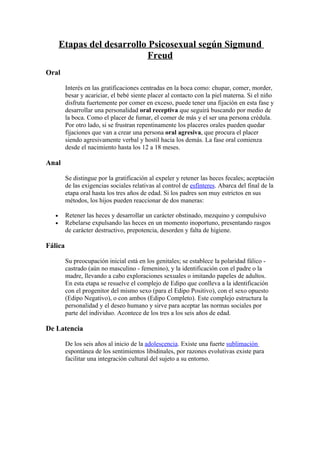 Etapas del desarrollo Psicosexual según Sigmund
                             Freud
Oral

         Interés en las gratificaciones centradas en la boca como: chupar, comer, morder,
         besar y acariciar, el bebé siente placer al contacto con la piel materna. Si el niño
         disfruta fuertemente por comer en exceso, puede tener una fijación en esta fase y
         desarrollar una personalidad oral receptiva que seguirá buscando por medio de
         la boca. Como el placer de fumar, el comer de más y el ser una persona crédula.
         Por otro lado, si se frustran repentinamente los placeres orales pueden quedar
         fijaciones que van a crear una persona oral agresiva, que procura el placer
         siendo agresivamente verbal y hostil hacia los demás. La fase oral comienza
         desde el nacimiento hasta los 12 a 18 meses.

Anal

         Se distingue por la gratificación al expeler y retener las heces fecales; aceptación
         de las exigencias sociales relativas al control de esfínteres. Abarca del final de la
         etapa oral hasta los tres años de edad. Si los padres son muy estrictos en sus
         métodos, los hijos pueden reaccionar de dos maneras:

   •     Retener las heces y desarrollar un carácter obstinado, mezquino y compulsivo
   •     Rebelarse expulsando las heces en un momento inoportuno, presentando rasgos
         de carácter destructivo, prepotencia, desorden y falta de higiene.

Fálica

         Su preocupación inicial está en los genitales; se establece la polaridad fálico -
         castrado (aún no masculino - femenino), y la identificación con el padre o la
         madre, llevando a cabo exploraciones sexuales o imitando papeles de adultos.
         En esta etapa se resuelve el complejo de Edipo que conlleva a la identificación
         con el progenitor del mismo sexo (para el Edipo Positivo), con el sexo opuesto
         (Edipo Negativo), o con ambos (Edipo Completo). Este complejo estructura la
         personalidad y el deseo humano y sirve para aceptar las normas sociales por
         parte del individuo. Acontece de los tres a los seis años de edad.

De Latencia

         De los seis años al inicio de la adolescencia. Existe una fuerte sublimación
         espontánea de los sentimientos libidinales, por razones evolutivas existe para
         facilitar una integración cultural del sujeto a su entorno.
 