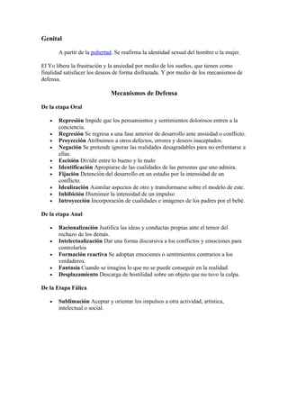 Genital

       A partir de la pubertad. Se reafirma la identidad sexual del hombre o la mujer.

El Yo libera la frustración y la ansiedad por medio de los sueños, que tienen como
finalidad satisfacer los deseos de forma disfrazada. Y por medio de los mecanismos de
defensa.

                             Mecanismos de Defensa

De la etapa Oral

   •   Represión Impide que los pensamientos y sentimientos dolorosos entren a la
       conciencia.
   •   Regresión Se regresa a una fase anterior de desarrollo ante ansiedad o conflicto.
   •   Proyección Atribuimos a otros defectos, errores y deseos inaceptados.
   •   Negación Se pretende ignorar las realidades desagradables para no enfrentarse a
       ellas.
   •   Escisión Dividir entre lo bueno y lo malo
   •   Identificación Apropiarse de las cualidades de las personas que uno admira.
   •   Fijación Detención del desarrollo en un estadio por la intensidad de un
       conflicto.
   •   Idealización Asimilar aspectos de otro y transformarse sobre el modelo de este.
   •   Inhibición Disminuir la intensidad de un impulso
   •   Introyección Incorporación de cualidades e imágenes de los padres por el bebé.

De la etapa Anal

   •   Racionalización Justifica las ideas y conductas propias ante el temor del
       rechazo de los demás.
   •   Intelectualización Dar una forma discursiva a los conflictos y emociones para
       controlarlos
   •   Formación reactiva Se adoptan emociones o sentimientos contrarios a los
       verdaderos.
   •   Fantasía Cuando se imagina lo que no se puede conseguir en la realidad.
   •   Desplazamiento Descarga de hostilidad sobre un objeto que no tuvo la culpa.

De la Etapa Fálica

   •   Sublimación Aceptar y orientar los impulsos a otra actividad, artística,
       intelectual o social.
 