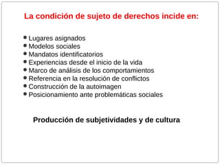 La condición de sujeto de derechos incide en:
Lugares asignados
Modelos sociales
Mandatos identificatorios
Experiencias desde el inicio de la vida
Marco de análisis de los comportamientos
Referencia en la resolución de conflictos
Construcción de la autoimagen
Posicionamiento ante problemáticas sociales

Producción de subjetividades y de cultura

 