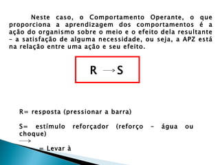 Neste caso, o Comportamento Operante, o que
proporciona a aprendizagem dos comportamentos é a
ação do organismo sobre o meio e o efeito dela resultante
– a satisfação de alguma necessidade, ou seja, a APZ está
na relação entre uma ação e seu efeito.



                       R   R     S


  R= resposta (pressionar a barra)

  S= estímulo       reforçador   (reforço   –   água   ou
  choque)

        = Levar à
 