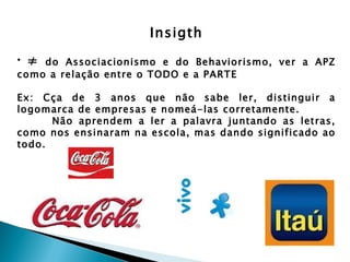 Insigth
• ≠ do Associacionismo e do Behaviorismo, ver a APZ
como a relação entre o TODO e a PARTE

Ex: Cça de 3 anos que não sabe ler, distinguir a
logomarca de empresas e nomeá-las corretamente.
      Não aprendem a ler a palavra juntando as letras,
como nos ensinaram na escola, mas dando significado ao
todo.
 