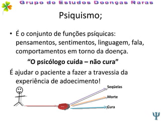 Psiquismo; É o conjunto de funções psíquicas: pensamentos, sentimentos, linguagem, fala, comportamentos em torno da doença. “ O psicólogo cuida – não cura” É ajudar o paciente a fazer a travessia da experiência de adoecimento! doença Seqüelas  Morte  Cura  Grupo de Estudos Doenças Raras 
