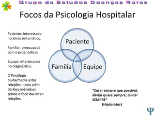 Focos da Psicologia Hospitalar Paciente: interessado no alívio sintomático; Família:  preocupada com o prognóstico; Equipe: interessados no diagnóstico; O Psicólogo cuida/media estas relações – pois além do foco individual temos o foco das inter-relações. “ Curar sempre que possível, aliviar quase sempre; cuidar SEMPRE” (Hipócrates) Grupo de Estudos Doenças Raras 
