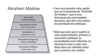 Abraham Maslow • Com seus estudos criou aquilo
que seria chamado de “Pirâmide
de Maslow”, que é uma
hierarquia das necessidades
humanas, que têm uma ordem
de prioridade de satisfação.
• Dizia que para que o sujeito se
sinta autorrealizado, primeiro é
necessário satisfazer às
necessidades mais inferiores na
hierarquia inata e cada uma
delas deve ser satisfeita antes
que a próxima nos motive.
 