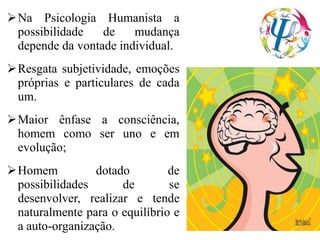 Na Psicologia Humanista a
possibilidade de mudança
depende da vontade individual.
Resgata subjetividade, emoções
próprias e particulares de cada
um.
Maior ênfase a consciência,
homem como ser uno e em
evolução;
Homem dotado de
possibilidades de se
desenvolver, realizar e tende
naturalmente para o equilíbrio e
a auto-organização.
 