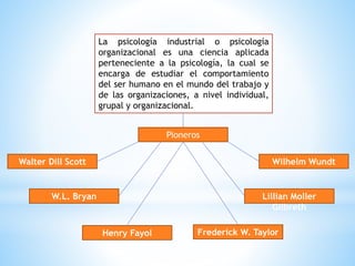 La psicología industrial o psicología
organizacional es una ciencia aplicada
perteneciente a la psicología, la cual se
encarga de estudiar el comportamiento
del ser humano en el mundo del trabajo y
de las organizaciones, a nivel individual,
grupal y organizacional.
Pioneros
Walter Dill Scott
W.L. Bryan
Henry Fayol Frederick W. Taylor
Lillian Moller
Gilbreth
Wilhelm Wundt
 