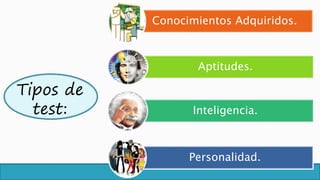 Tipos de
test:
Conocimientos Adquiridos.
Aptitudes.
Inteligencia.
Personalidad.
 