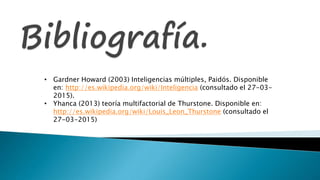 • Gardner Howard (2003) Inteligencias múltiples, Paidós. Disponible
en: http://es.wikipedia.org/wiki/Inteligencia (consultado el 27-03-
2015).
• Yhanca (2013) teoría multifactorial de Thurstone. Disponible en:
http://es.wikipedia.org/wiki/Louis_Leon_Thurstone (consultado el
27-03-2015)
 