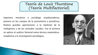 Teoría de Louis Thurstone
(Teoría Multifactorial)
Ingeniero mecánico y psicólogo estadounidense,
pionero en los campos de la psicometría y psicofísica.
Realizo grandes aportaciones a la medición de la
inteligencia y de las actitudes sociales. Fue el primero
en aplicar el análisis factorial como técnica matemática-
estadística a la investigación psicológica.
 