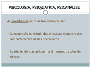 PSICOLOGIA, PSIQUIATRIA, PSICANÁLISE As  semelhanças  entre as três vertentes são: Concentração no estudo dos processos mentais e dos comportamentos destes decorrentes. As três tendências atribuem a si mesmas o status de ciência. 