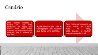 SLIDESMANIA
Cenário
Uma mulher, durante o
funeral de sua mãe,
conheceu um rapaz que
nunca tinha visto antes.
Achou-o tão maravilhoso que
acreditou ser o homem da
sua vida.
Apaixonou-se por ele e
começaram um namoro
que durou uma semana.
Sem mais nem menos, o
rapaz sumiu e nunca
mais foi visto.
Dias depois, a mulher
matou a própria irmã.
 