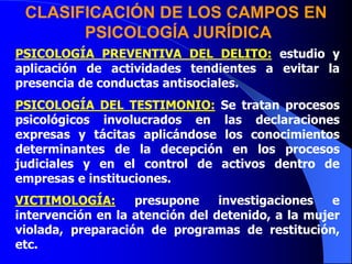 PSICOLOGÍA PREVENTIVA DEL DELITO: estudio y
aplicación de actividades tendientes a evitar la
presencia de conductas antisociales.
PSICOLOGÍA DEL TESTIMONIO: Se tratan procesos
psicológicos involucrados en las declaraciones
expresas y tácitas aplicándose los conocimientos
determinantes de la decepción en los procesos
judiciales y en el control de activos dentro de
empresas e instituciones.
VICTIMOLOGÍA: presupone investigaciones e
intervención en la atención del detenido, a la mujer
violada, preparación de programas de restitución,
etc.
CLASIFICACIÓN DE LOS CAMPOS EN
PSICOLOGÍA JURÍDICA
 