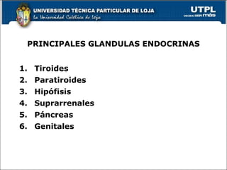 PRINCIPALES GLANDULAS ENDOCRINAS
1. Tiroides
2. Paratiroides
3. Hipófisis
4. Suprarrenales
5. Páncreas
6. Genitales
 