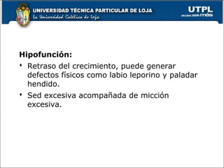 Hipofunción:
 Retraso del crecimiento, puede generar
defectos físicos como labio leporino y paladar
hendido.
 Sed excesiva acompañada de micción
excesiva.
51
 