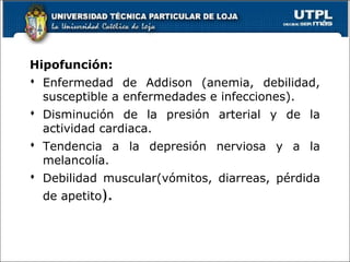 Hipofunción:
 Enfermedad de Addison (anemia, debilidad,
susceptible a enfermedades e infecciones).
 Disminución de la presión arterial y de la
actividad cardiaca.
 Tendencia a la depresión nerviosa y a la
melancolía.
 Debilidad muscular(vómitos, diarreas, pérdida
de apetito).
55
 