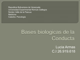 Lucia Armas
C.I 26.919.618
Republica Bolivariana de Venezuela
Universidad Experimental Rómulo Gallegos
Núcleo Valle de la Pascua
Medicina
Catedra- Psicologia
 