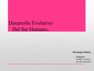 Desarrollo Evolutivo
Del Ser Humano.
Integrante:
Castillo, Luzmar
3er Año Sección 4
Psicología Medica
 