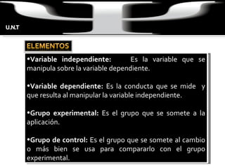 Variable independiente:  Es la variable que se manipula sobre la variable dependiente. Variable dependiente:  Es la conducta que se mide  y que resulta al manipular la variable independiente. Grupo experimental:  Es el grupo que se somete a la aplicación. Grupo de control:  Es el grupo que se somete al cambio o más bien se usa para compararlo con el grupo experimental. 