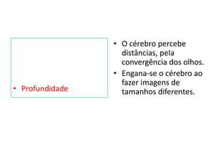 • Profundidade
• O cérebro percebe
distâncias, pela
convergência dos olhos.
• Engana-se o cérebro ao
fazer imagens de
tamanhos diferentes.
 