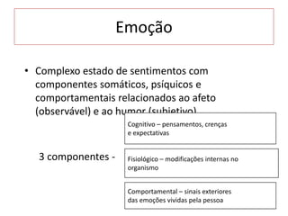 Emoção
• Complexo estado de sentimentos com
componentes somáticos, psíquicos e
comportamentais relacionados ao afeto
(observável) e ao humor (subjetivo).
3 componentes -
Cognitivo – pensamentos, crenças
e expectativas
Fisiológico – modificações internas no
organismo
Comportamental – sinais exteriores
das emoções vividas pela pessoa
 