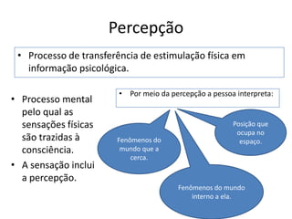 Percepção
• Processo de transferência de estimulação física em
informação psicológica.
• Processo mental
pelo qual as
sensações físicas
são trazidas à
consciência.
• A sensação inclui
a percepção.
• Por meio da percepção a pessoa interpreta:
Fenômenos do
mundo que a
cerca.
Fenômenos do mundo
interno a ela.
Posição que
ocupa no
espaço.
 