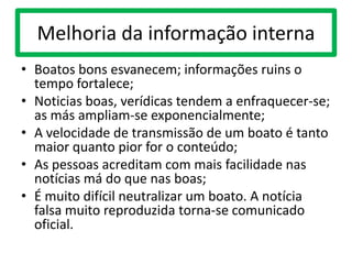 Melhoria da informação interna
• Boatos bons esvanecem; informações ruins o
tempo fortalece;
• Noticias boas, verídicas tendem a enfraquecer-se;
as más ampliam-se exponencialmente;
• A velocidade de transmissão de um boato é tanto
maior quanto pior for o conteúdo;
• As pessoas acreditam com mais facilidade nas
notícias má do que nas boas;
• É muito difícil neutralizar um boato. A notícia
falsa muito reproduzida torna-se comunicado
oficial.
 