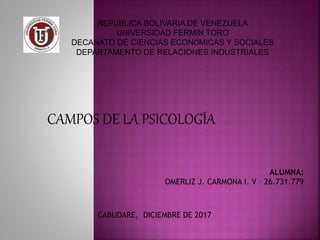 REPÚBLICA BOLIVARIA DE VENEZUELA
UNIVERSIDAD FERMÍN TORO
DECANATO DE CIENCIAS ECONÓMICAS Y SOCIALES
DEPARTAMENTO DE RELACIONES INDUSTRIALES
ALUMNA:
OMERLIZ J. CARMONA I. V – 26.731.779
CABUDARE, DICIEMBRE DE 2017
CAMPOS DE LA PSICOLOGÍA
 