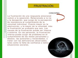 FRUSTRACIÓNCONCEPTO:La frustración de una respuesta emocional común a la oposición. Relacionado a la ira y la decepción, que surge de la percepción de resistencia al cumplimiento de la voluntad individual. Cuanto mayor es la obstrucción, y la mayor de la voluntad, más la frustración es probable que sea. Las causas de la frustración puede ser interna o externa. En las personas, la frustración interna puede surgir de problema en el cumplimiento de las metas personales y deseos, las pulsiones y necesidades, o tratar con las deficiencias observadas, tales como la falta de confianza o temor a situaciones sociales.