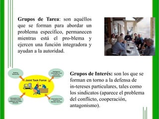 Grupos de Tarea: son aquéllos que se forman para abordar un problema específico, permanecen mientras está el pro­blema y ejercen una función integradora y ayudan a la autoridad.Grupos de Interés: son los que se forman en torno a la defensa de in­tereses particulares, tales como los sindicatos (aparece el problema del conflicto, cooperación, antagonismo).