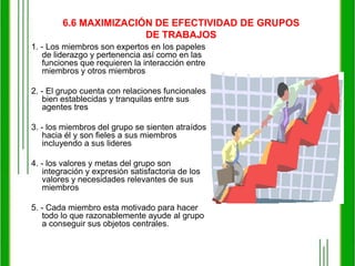 6.5 Comprensión y evaluación de gruposLos grupos de trabajo se han vuelto una parte esencial, producen una integración de elementos positiva a través de un esfuerzo coordinado. Se mide y realiza atraves de dos factores o variables:Desempeño y Satisfacción:Para el desempeño se considera elementos como: Percepción de roles Normas Tamaño del grupo Estructura demográfica Grado de cohesión