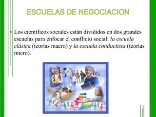 ESCUELAS DE NEGOCIACIONLos científicos sociales están divididos en dos grandes escuelas para enfocar el conflicto social: la escuela clásica (teorías macro) y la escuela conductista (teorías micro). 